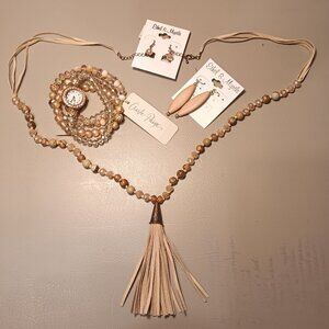 Ethel & Myrtle glass & stone necklace earrings set, glass bead stretch bracelets